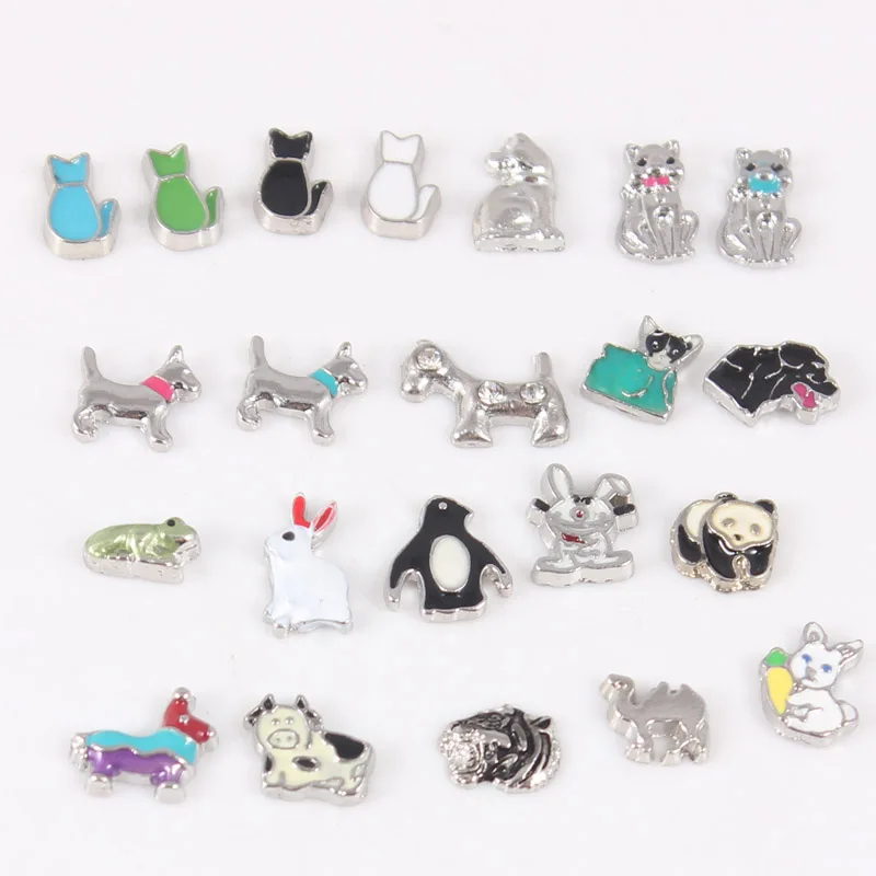 

100pcs/lot Mixed Animal Charms Panda Cat Dog Rabbit Tiger Camel Cow Horse Frog Penguin Floating Charms For Floating Lockets