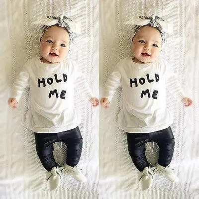 2016 New Baby Toddler Girl Boy Spring Autumn Clothes Cute Casual HOLD ME T-shirt Tops Clothes+ PU Leather Pants Outfit Sets 3 6m