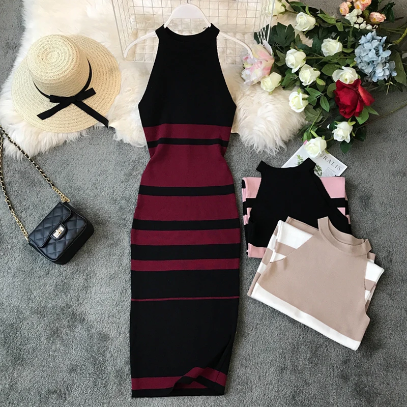 

Fashion Halter Neck Slim Summer Striped Print Knitted Midi Long Dress Women Vestido De Festa Casual Party Bodycon Tank Vestido