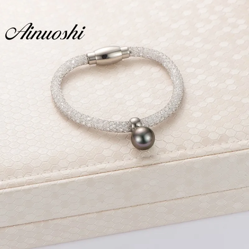 

AINUOSHI Net White Crystal Choker Bracelet Natural Black South Sea Tahiti Pearl Bracelet Fine Jewelry Gift for Female