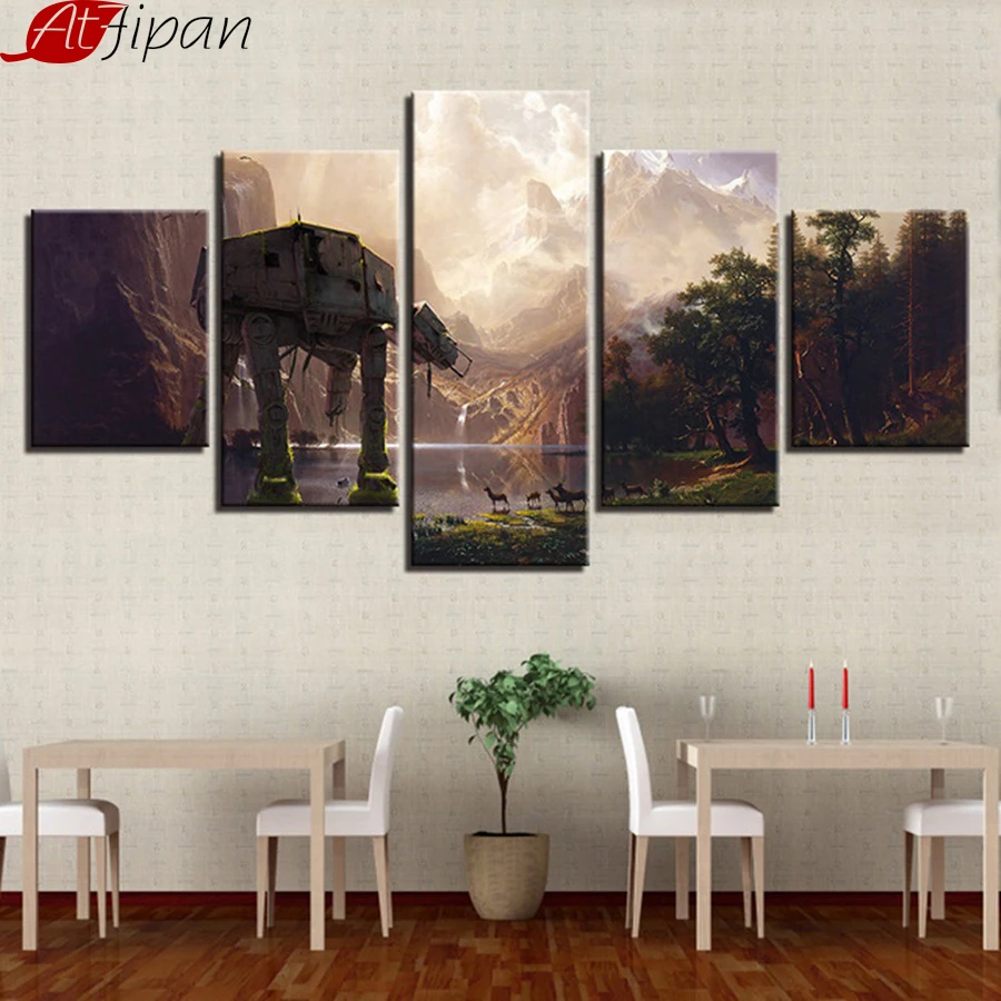 

AtFipan Canvas Paintings Wall Art Prints 5 Pieces Star Wars Robot Dog Pictures Movie Abstract Posters Home Decor Room Framework