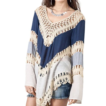 

FangNymph Women Crochet Hollow out Patchwork Blouse Loose Boho Long Sleeve Bikini Tops Girl V Neck Swimsuit Smock Cover Up