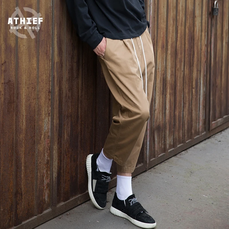 ATHIEF Cargo Casual Khaki cropped Pants Men yellowish brown Back waist