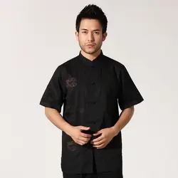 Черный китайский Для мужчин хлопковая рубашка с вышивкой кунг-фу тай-чи рубашка Повседневное короткий рукав летние топы M, L, XL, XXL, XXXL MN056