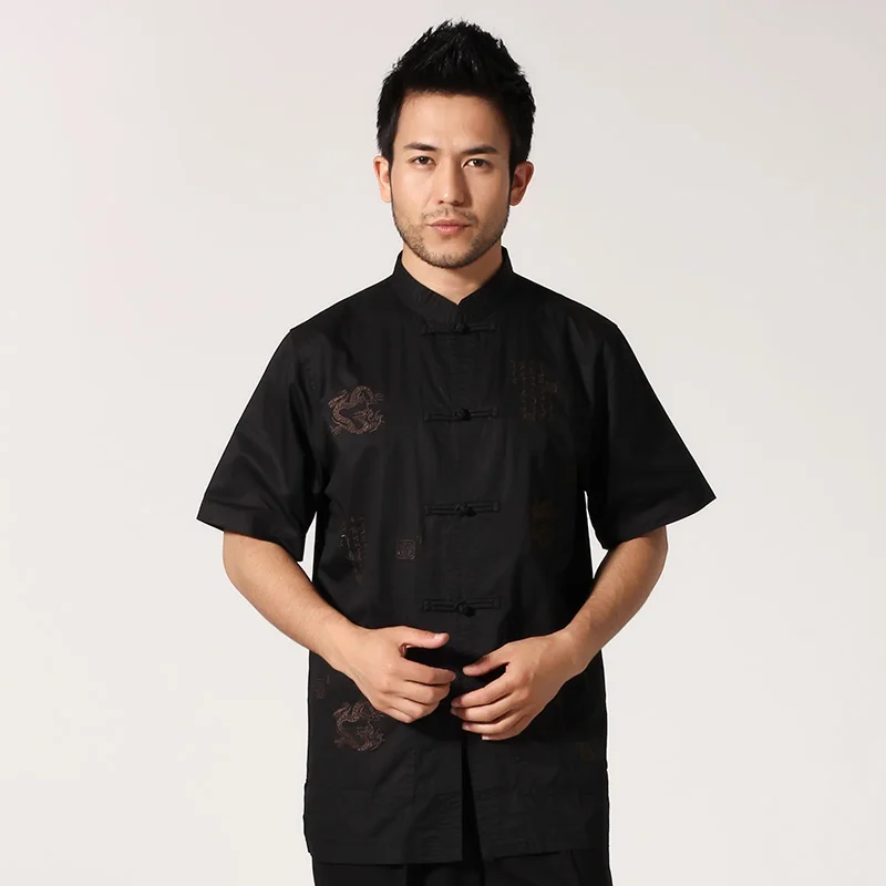 Black Chinese Men Cotton Shirt Embroidery Kung Fu Tai Chi Shirt Casual