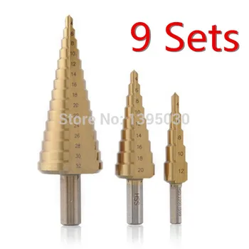 

9Sets/Lot 3pcs HSS Steel Spiral grooved Cone Step Drill Drills Bit 4mm to 12mm 20mm 32mm Hole Cut Tool Set