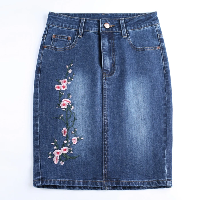 Женские джинсовые юбки с цветочной вышивкой, женский джинсовый бандаж, качественная юбка-карандаш с высокой талией размера плюс, летняя одежда