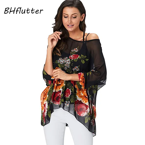 white blouse for women BHflutter 4XL 5XL 6XL Plus Size 2019 Blouse Women Chic Floral Print Chiffon Blouses Shirts Sexy Off Shoulder Summer Tops Tunic plus size blouses Blouses & Shirts