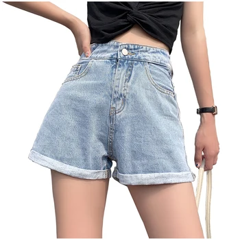 

Denim Shorts Vintage Light Blue Solid Fashion High Waist 2019 Classic Loose Casual Female Short Pants Feminino Casual Jeans