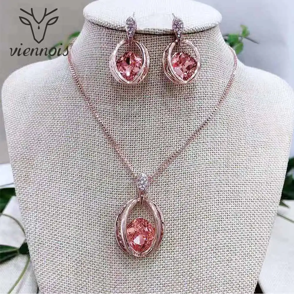 Женский комплект украшений с розовым кристаллом Viennois Свадебный кулоном и