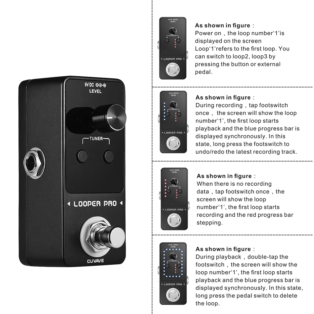 CUVAVE LOOPER PRO Guitar Loop Pedal 9 Loops Total 40 Minutes Recording Time Unlimited Overdubs Built-in Tuner Function