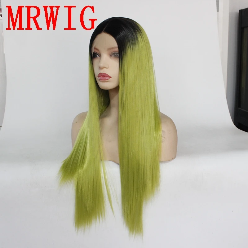 MRWIG короткий омбре с темными корнями фрукты зеленый/серый цвет 26in 60 см длинные шелковистые прямые синтетические косплей парик для женщин