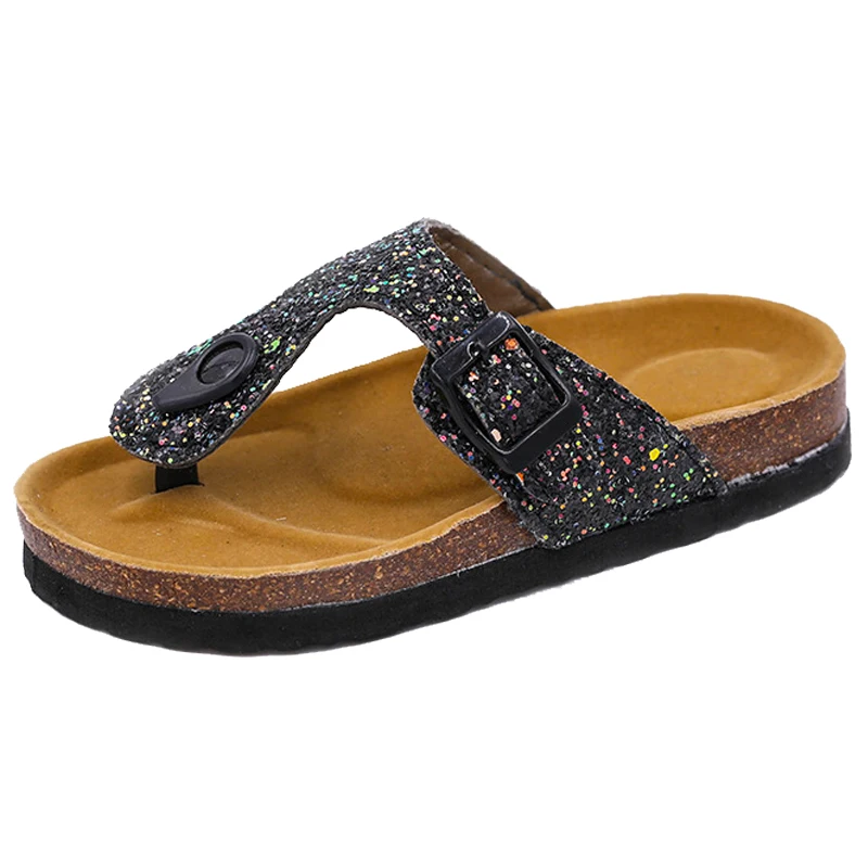 Summer Kids Slippers Fashion Comfortable Leopard Print Girls Flip Flops Bling Sequins Cork Slippers For Children Barefoot Shoes