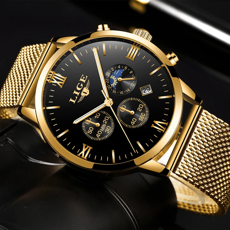 LIGE Top Luxury Brand Ultra-thin Business Quartz Watch Men's Casual Mesh Steel Gold Waterproof Sport Watch Man Relogio Masculino