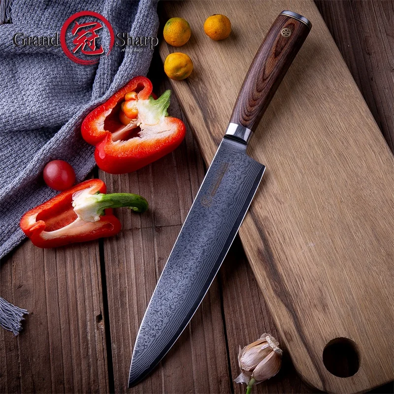Дамасские кухонные ножи Grandsharp 8 дюймов шеф повар из нержавеющей стали 67 слоев VG10