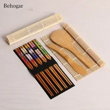 Behogar Completo Kit Fabricante de Sushi de Bambu Que Faz A 2 Esteiras Rolantes Rolo Arroz Colher & Spreader 5 Par Pauzinhos Cozinha Acessórios