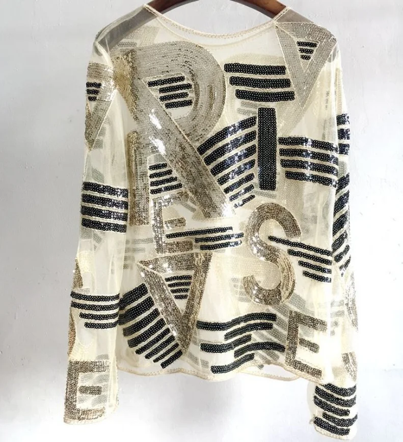 Letter Striped Beading Sequined Blouse Women 10