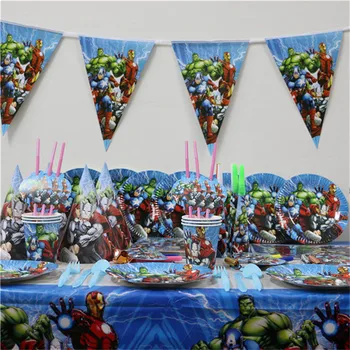 

141pcs avengers Theme Kids Birthday Party Decorate Supplies Party Decoration Tableware Set Tablecloth Plate Gift Bags flags caps