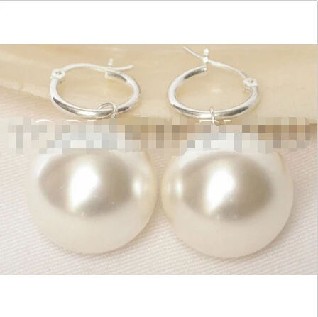 

Free shipping Dangle big 16mm white round sea shell pearls earring 925sc hook E55