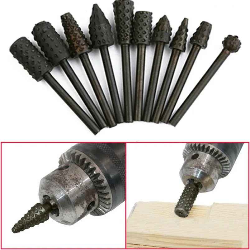 10 Pcs Black Steel Rotary Burr Set Drill Bit Shank Wood Rasp Drill Bits
