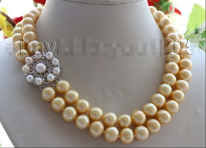 

FREE SHIPPING 17-18" Double Genuine Natural 12mm Golden Round Pearl necklace #f1665! AAA