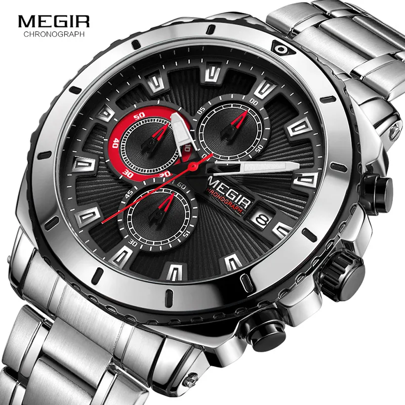 MEGIR Мужские кварцевые нарядные часы из нержавеющей стали аналоговые наручные часы с хронографом для мужчин светящиеся стрелки календарь 2075G-1