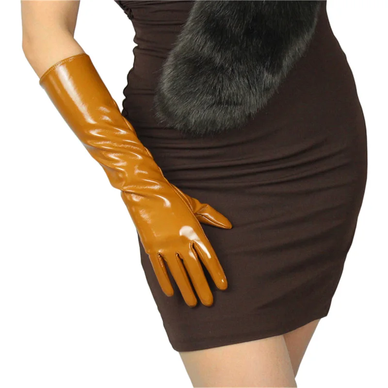 Hot Sale Patent Leather Woman's Gloves Faux Genuine Leather PU Leather Gloves 40cm Brown Female Mittens P48-3