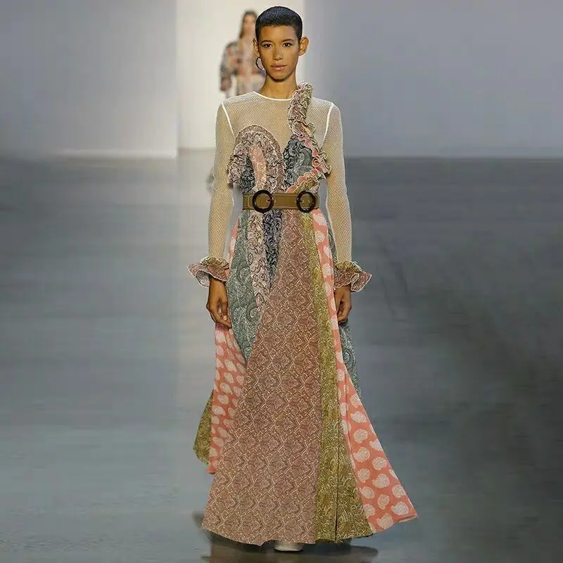 

Hot sale Fashion Celebrity Sexy Women Patchwork Ruffles Crepe mesh O-Neck body con dress night Club Party Dresses wholesale