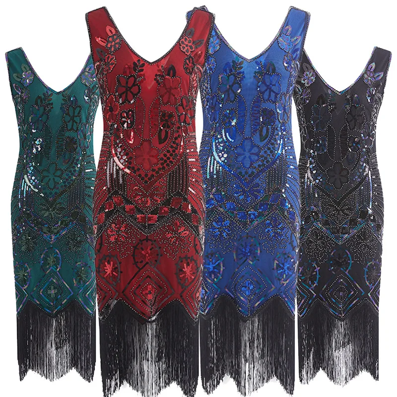 

2019 Sequins & Beads Dress Women Dance Wear V-neck Long Fringes Side Zipper Great Gatsby Dresses Women Flapper Dress