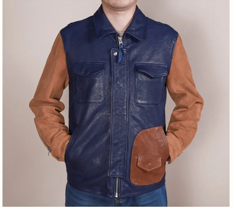 new arrivals men's patchwork genuine leather jacket contrast color fashion leather jacket men suede leather coat male