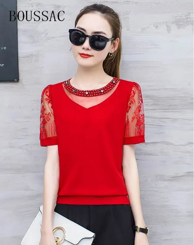 

BOUSSAC Blusas Femininas 2018 Summer Lace Shirt Plus Size Diamonds Tops Chiffon Short Sleeve Womens Blouses Red Black White Pink
