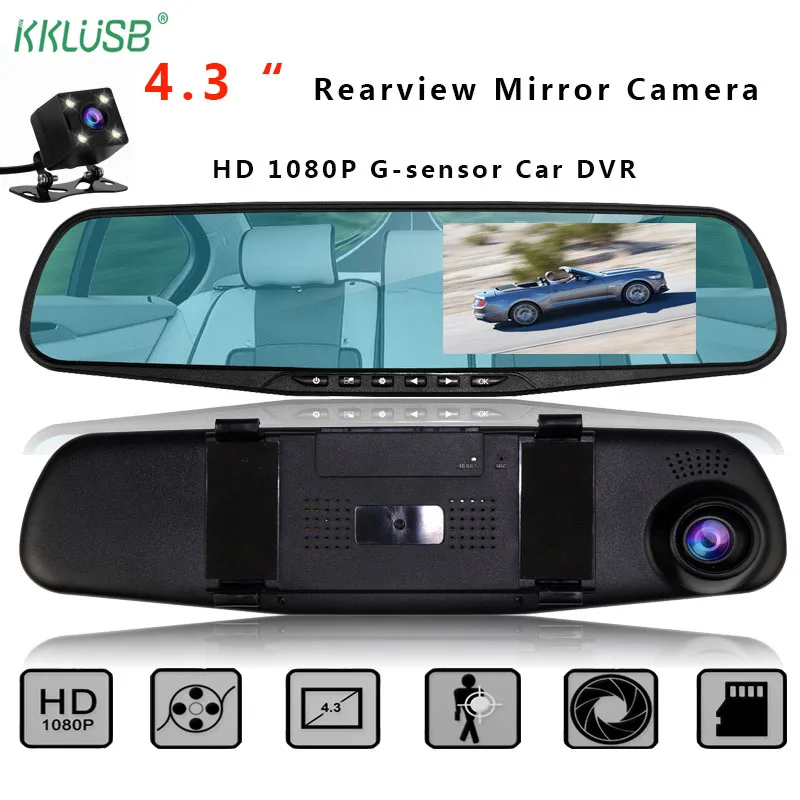 

Dash Camera Driving Recorder Cam Car DVR 4.3" Screen G-sensor 170 Wide Angle Rearview Mirror 1080P Dual Lens Auto Camara Coche