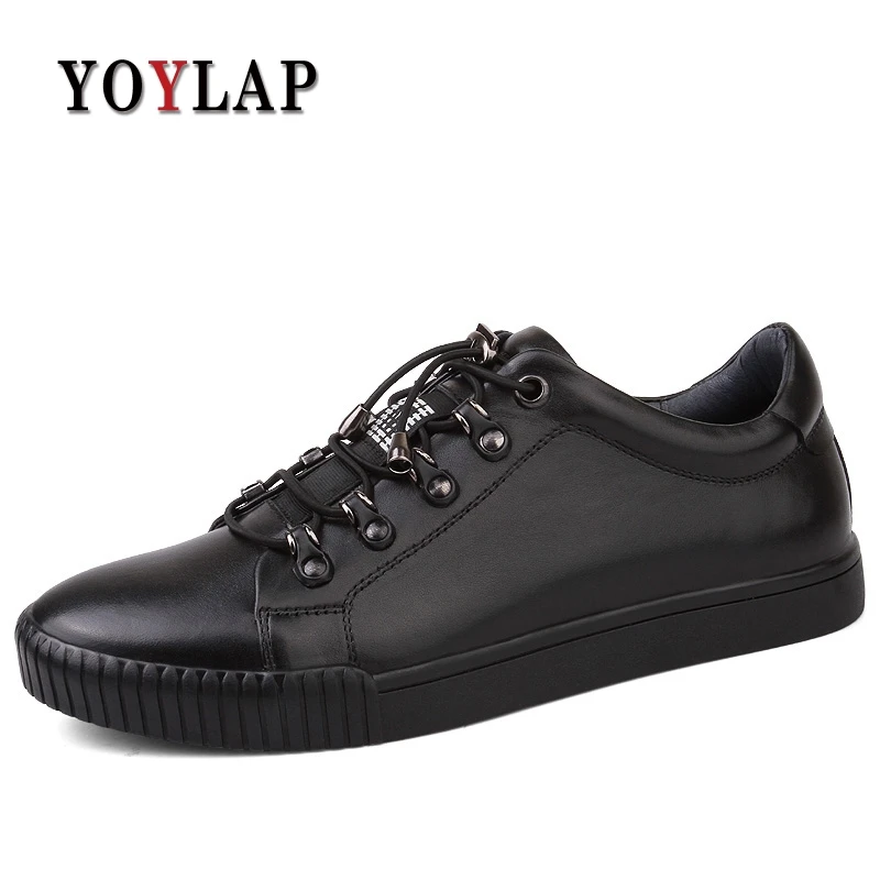 

2018 New Spring Autumn Genuine Leather Shoes Men Black Lace-up Flat Men Casual Shoes Warm Fur Winter Shoes Men Sneakers