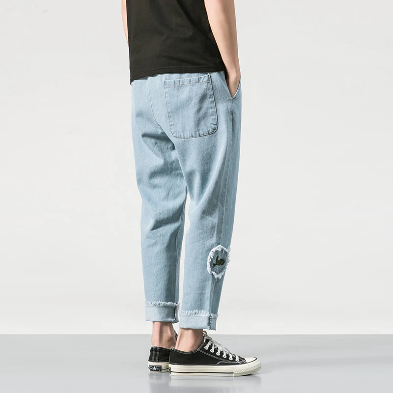 2018 весна и новые летние Для мужчин простой сырья вышивкой эластичные джинсовые