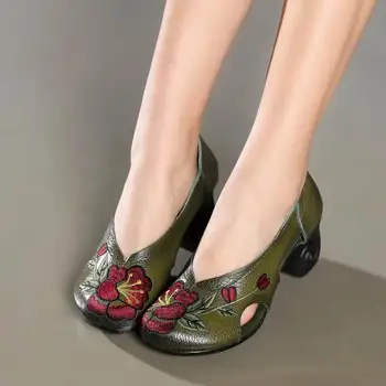 

Handmade Embroidery Women High Heel Shoes Hollow Cowhide Genuine Leather Shoes Woman Fashion Shoes High Heels