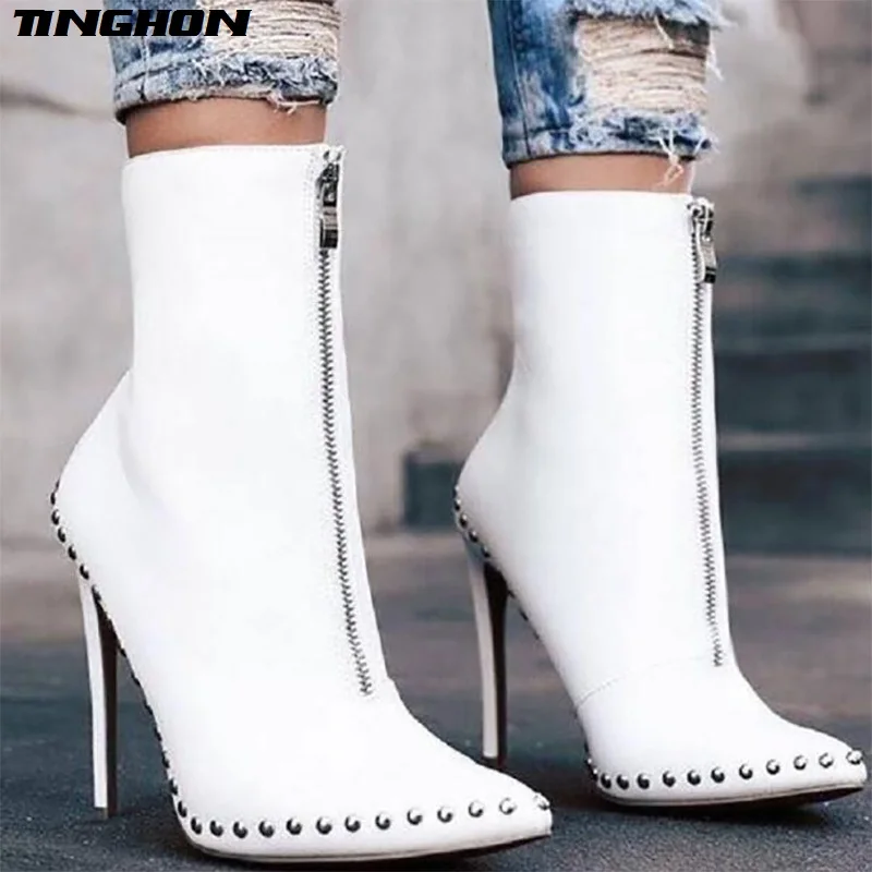 

TINGHON New Arrival Fashion Autumn Women Ankle Boots Rivet High Heels Shoes Woman Pointed Toe Sexy Motorcycle boots 35-42