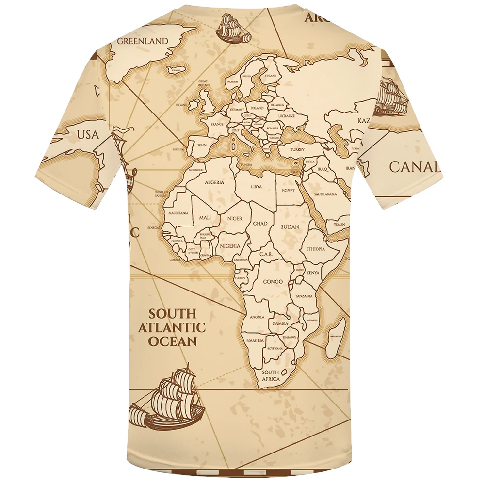 KYKU World Map T shirts Men Vintage T shirt 3d Sailboat Tshirt Homme Geometric Print Tshirts Casual Short Sleeve New Rock Man