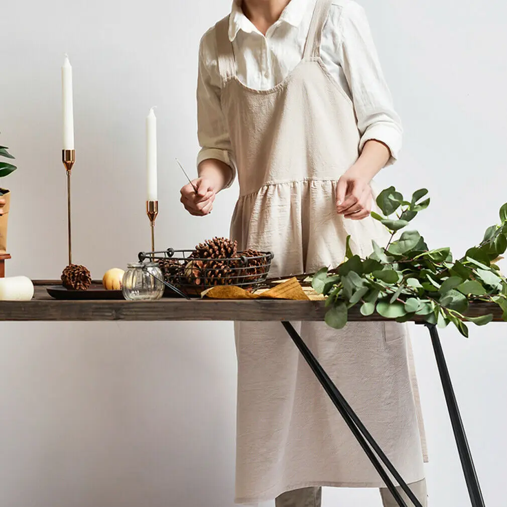 Newest Vintage Women Lady Linen Cross Back Apron Housework Baking Wrap Florist Dress Cafe Kitchen Cooking Casual Apron Dropship