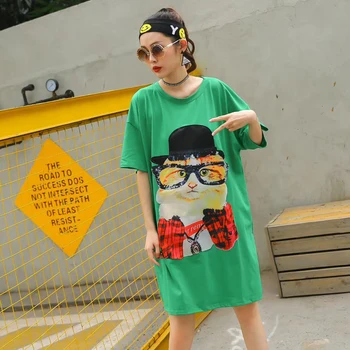 

Putin. Rider Korea Summer New Cat Printing Loose Large yard Round neck Green Ms Short-sleeved t-shirt Women Bottoming shirt Tops
