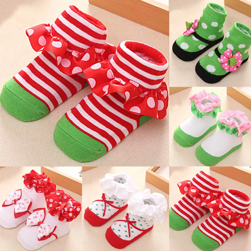 Newborn Baby Girls Cute Polyester Christmas Lace Bow Floor Socks Anti-Slip Step clothes | Детская одежда и обувь