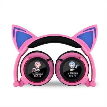 

Rem Headset Ram Earphone With Blue LED Pink Wired Headphones Cartoon Lovely Girl Cosplay Gaming Foldable Cat Ear Headphone