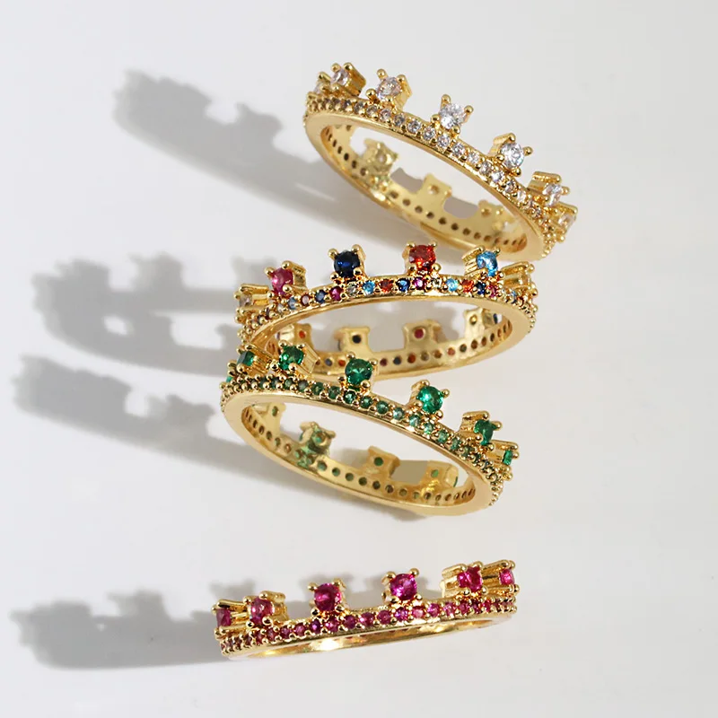 

FASHIONSNOOPS Hot Sale Thin Baguette Rainbow CZ Crown Ring For Women Fashion Engagement Wedding Band Top Quality Charm Jewelry