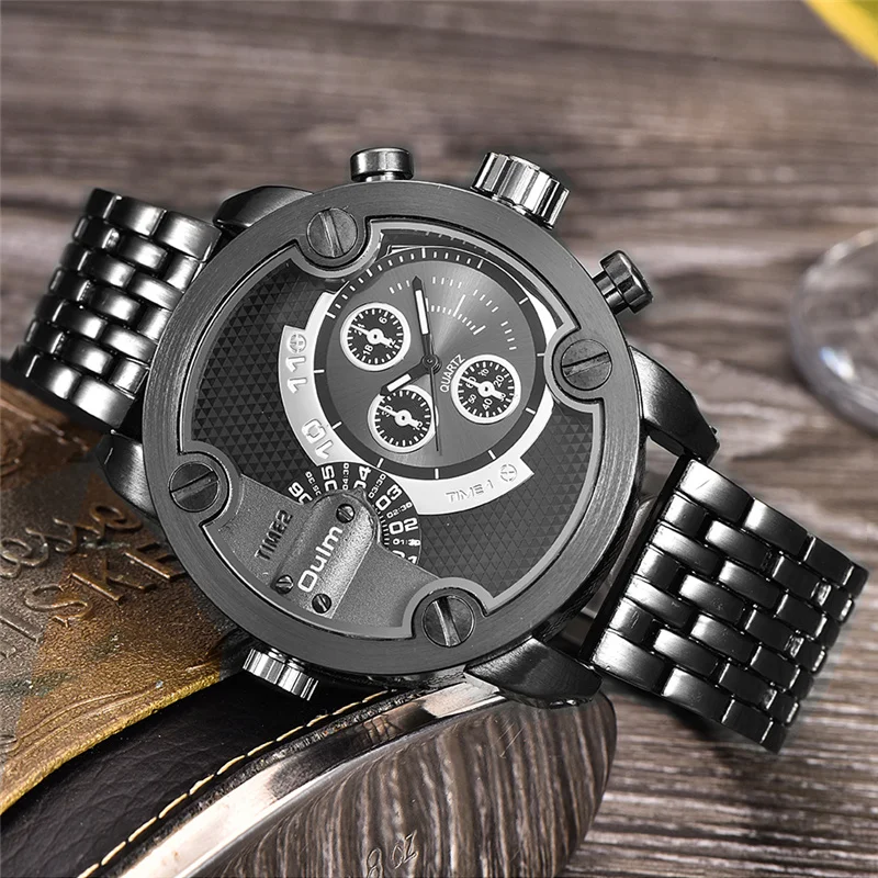 Oulm два разных дизайна черные стальные часы Мужские люксовый бренд два часовых пояса кварцевые часы мужские большие военные наручные часы