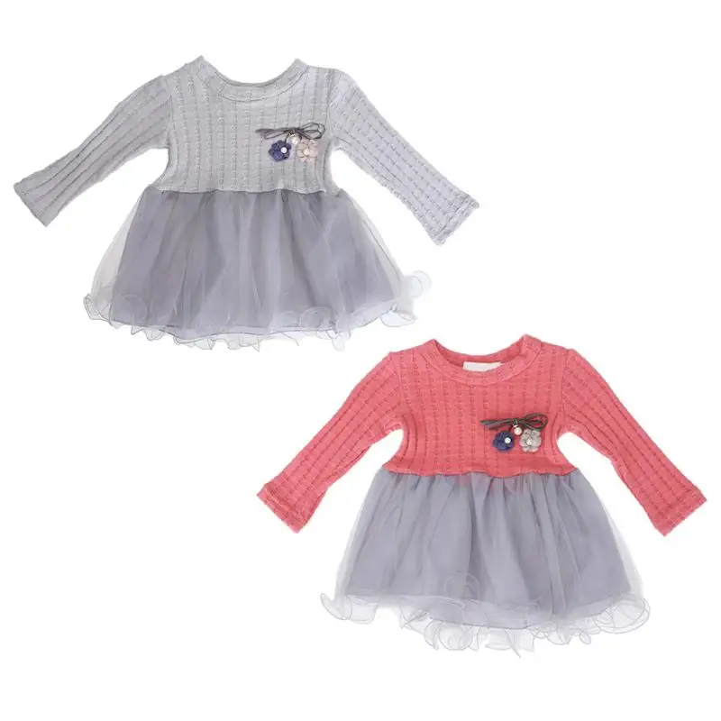 

Cute Baby Girls Autumn Winter Dress Pattern Flower Decoration Knitting Wool Top + Chiffon Mesh Bottom Patchwork Girls Dress