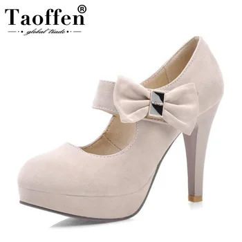 

Taoffen 4 Candy Colors Ladies High Heel Shoes Women Bowknot Platform Daily Party Wedding Pumps Round Toe Thin Heels Size 31-42