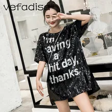 Vefadisa, летние топы и футболки,, короткий рукав, повседневная черная футболка с буквенным принтом, рубашка для женщин, свободная рубашка с пайетками AD2021