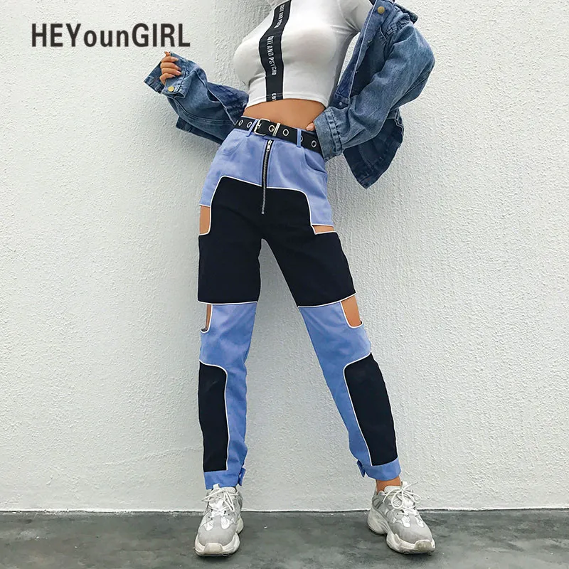 HEYounGIRL Harajuku хип хоп женские брюки-карго выдалбливают Высокая талия мотобрюки уличная лоскутное спортивные штаны и джоггеры дамы
