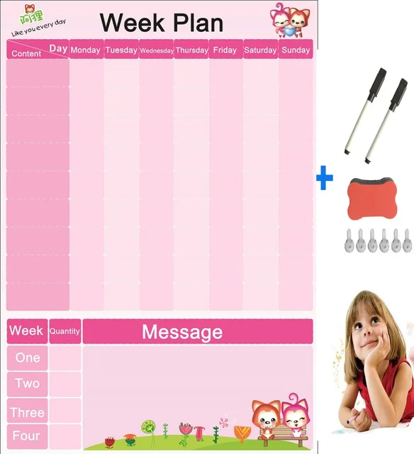 40x60cm cute cartoon children daily planner wall sticker 2 pens 1