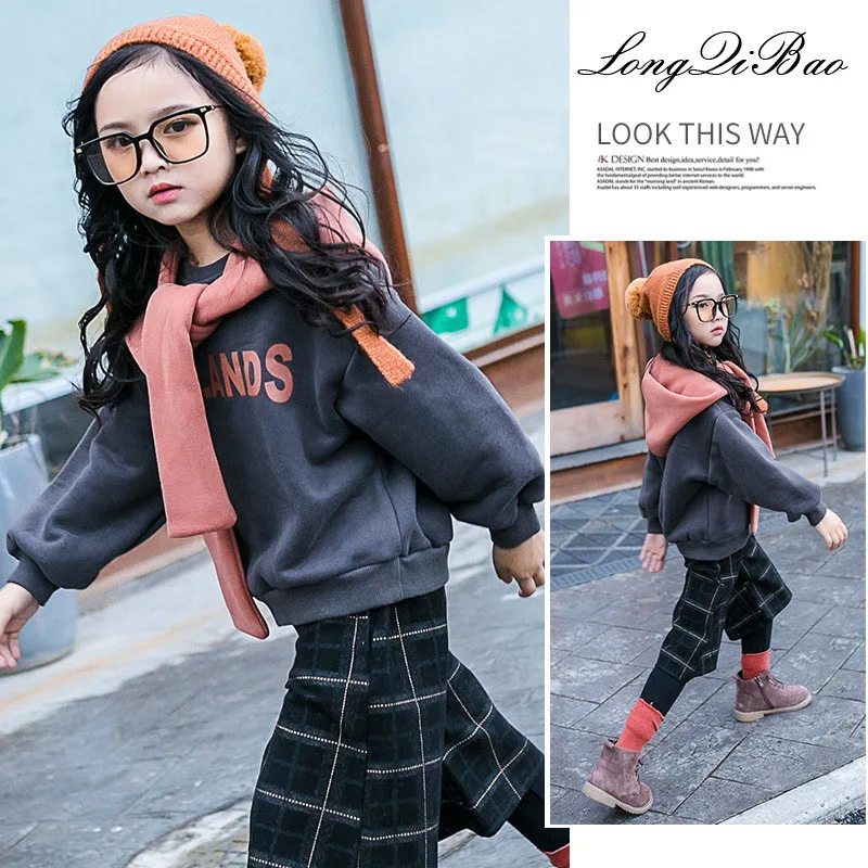 

Winter clothing girls and velvet sweater 2018 new Korean version of the hooded shirt in the big children thickening shirt tide