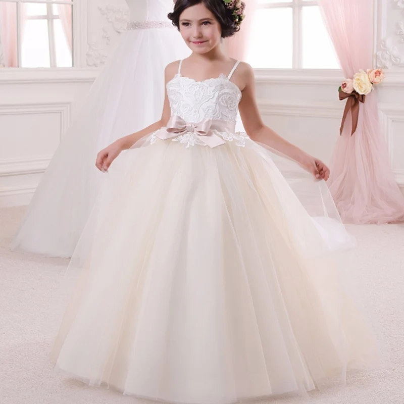 

Birthday Party Flower Girl Dress Lace Appliques Sleeveless Thin Shoulder Strap Tulle Fluffy Kids First Holy Communion Dresses